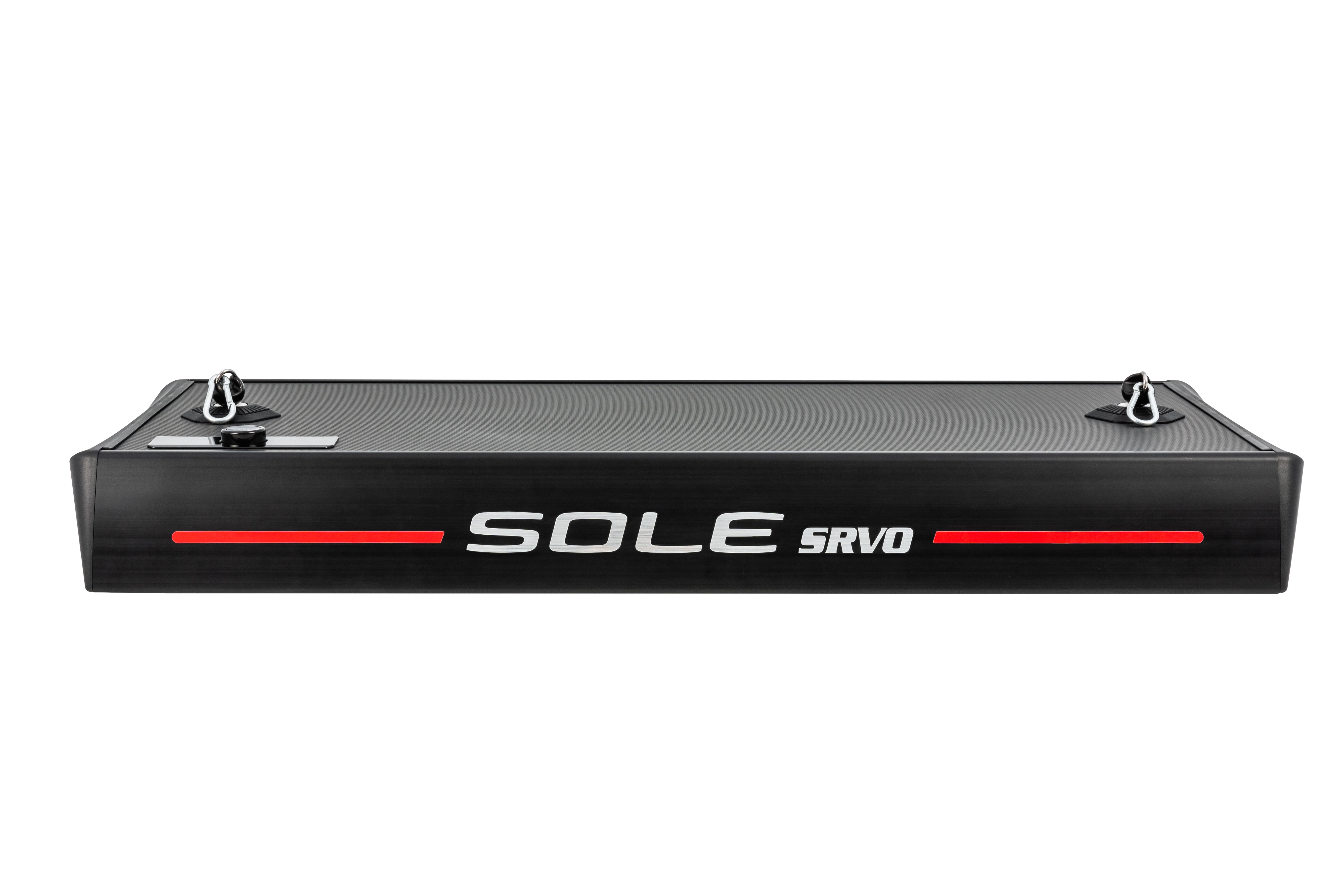 Side view of the Sole SRVO resistance platform showcasing its sleek black design, two metal anchor points on each end, and a centered "SOLE SRVO" logo with a red stripe accent.