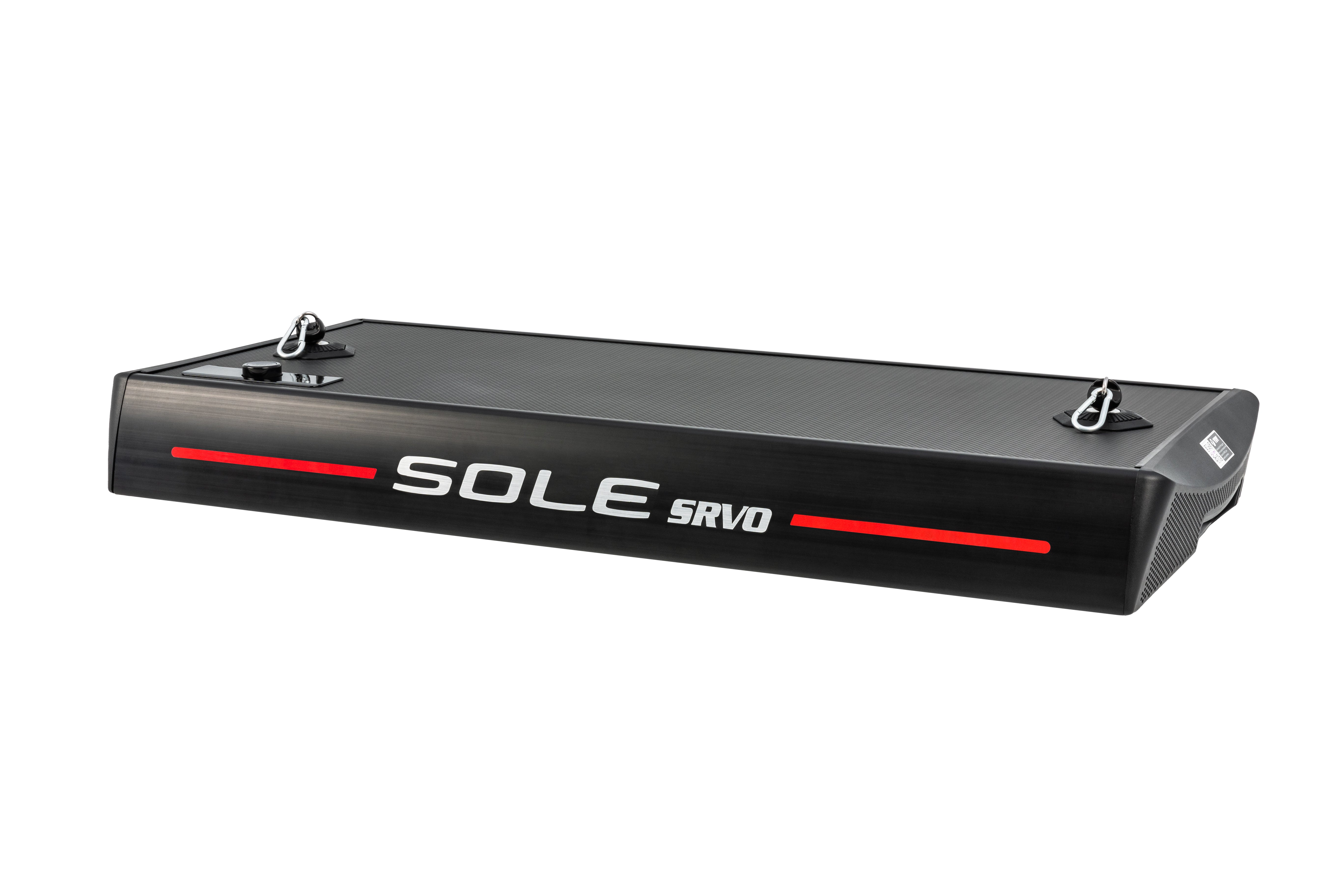 Side perspective of the Sole SRVO resistance platform, featuring a textured black surface, two metal anchor points, and a bold "SOLE SRVO" logo with red stripe detailing.