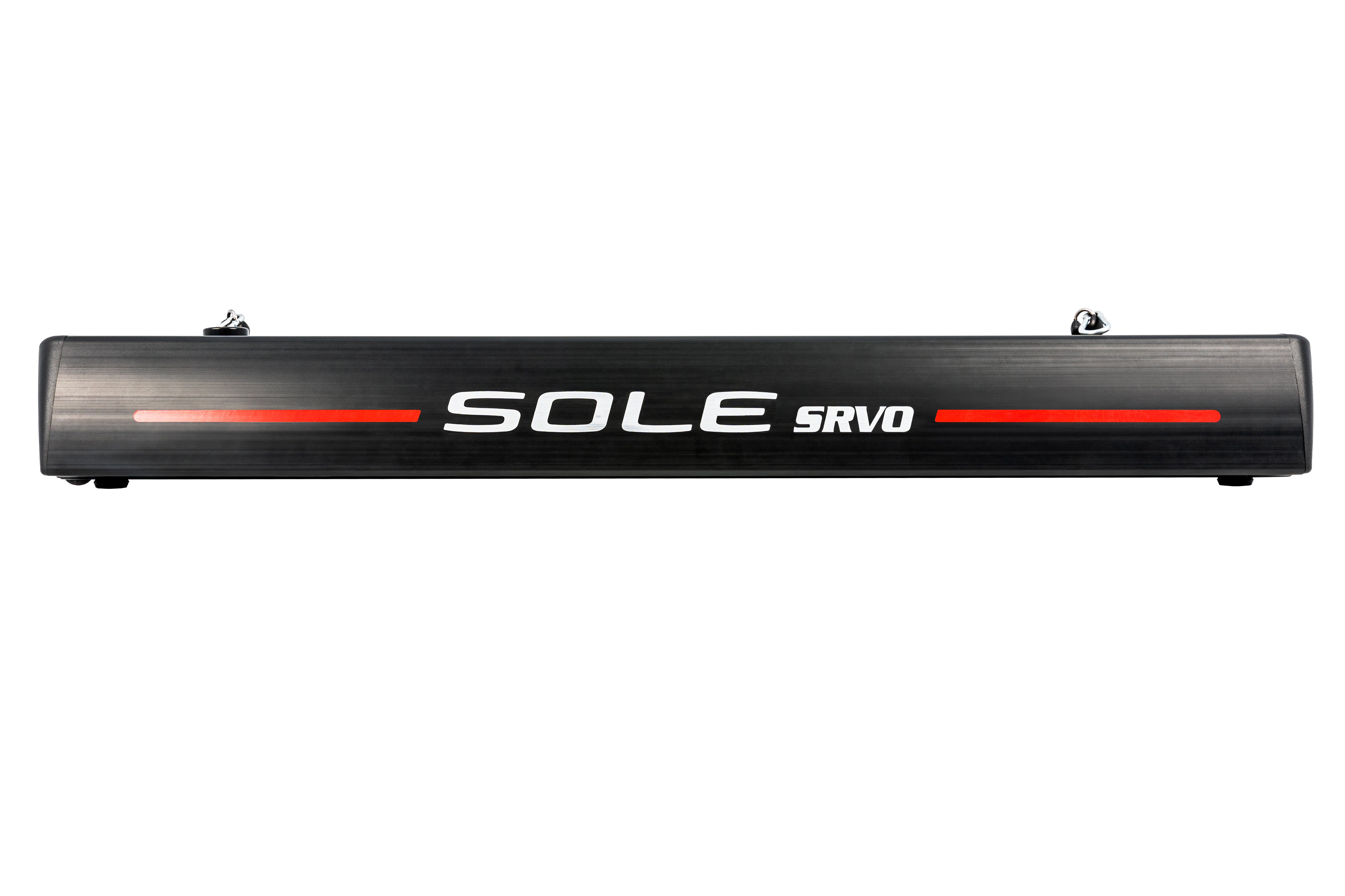 Front view of the Sole SRVO bar, displaying its sleek black design with a prominent red stripe and "SOLE SRVO" branding.