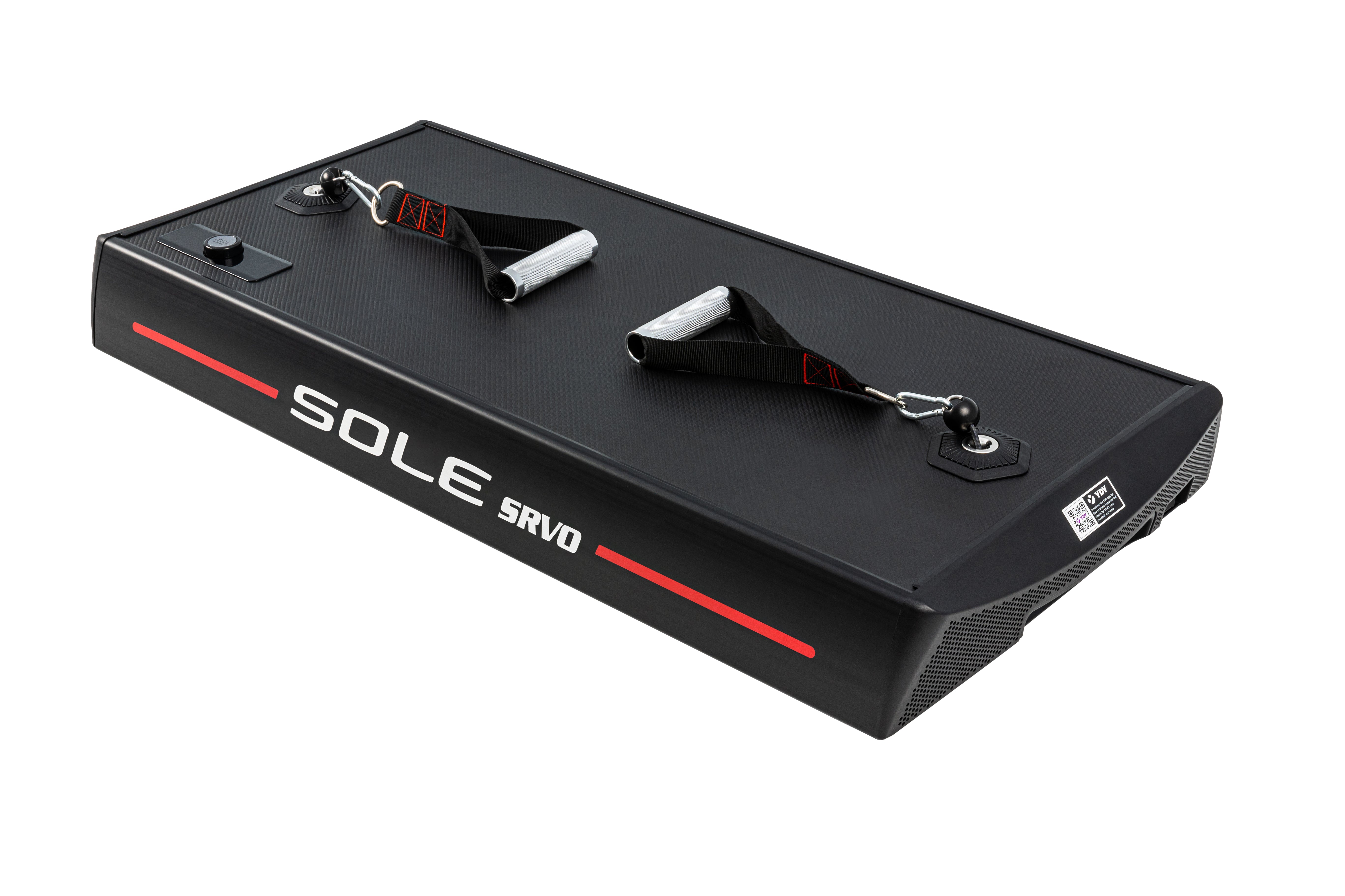 Top view of the Sole SRVO device showcasing its black textured surface, "SOLE SRVO" logo with a red stripe, two attached handles with red stitching, and a metal clasp connected to a key ring.
