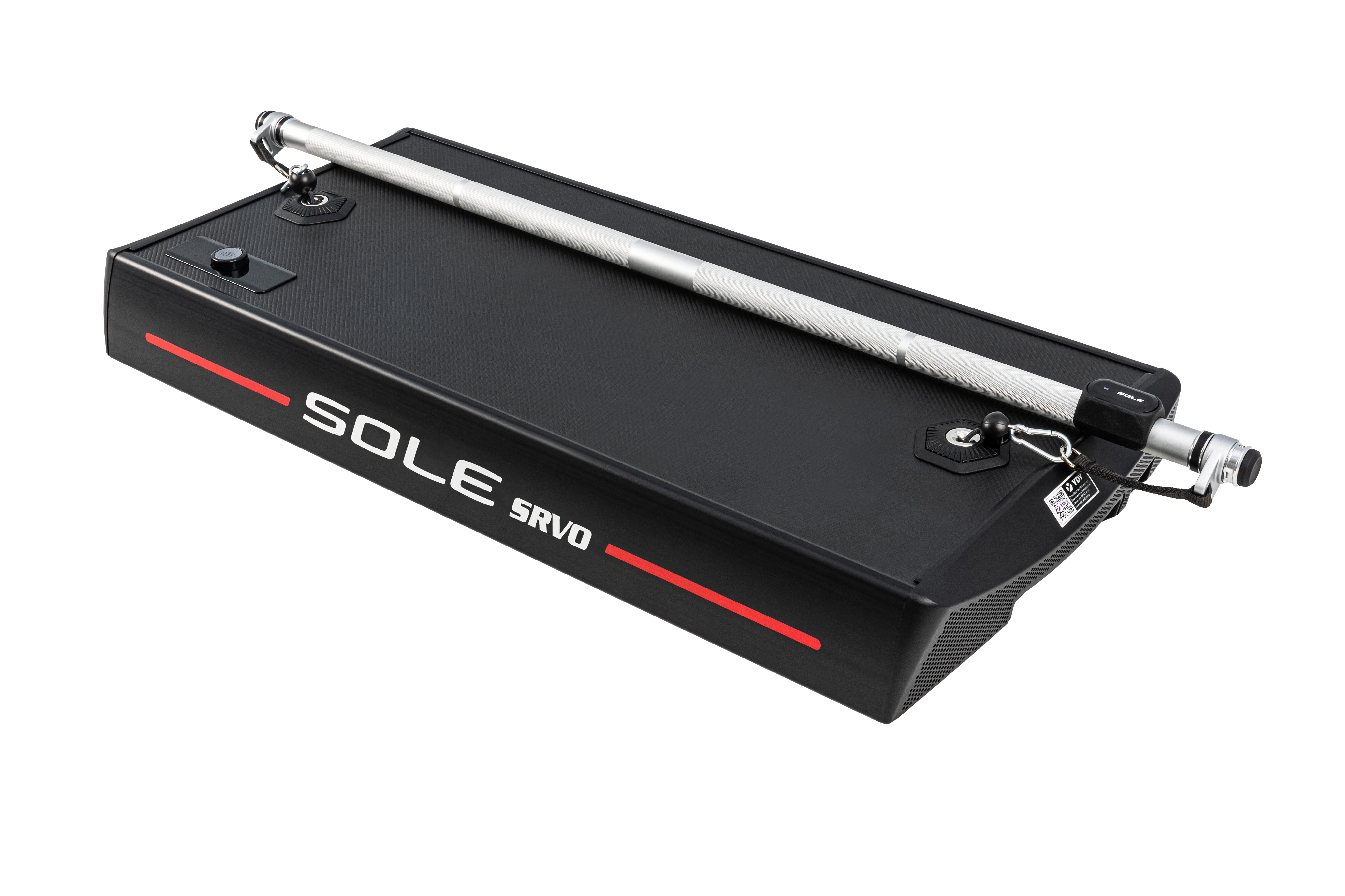 Side view of the Sole SRVO device displaying its black design, "SOLE SRVO" logo with a red stripe, and an extended retractable handle on top along with a metal clasp and key ring on the corner.