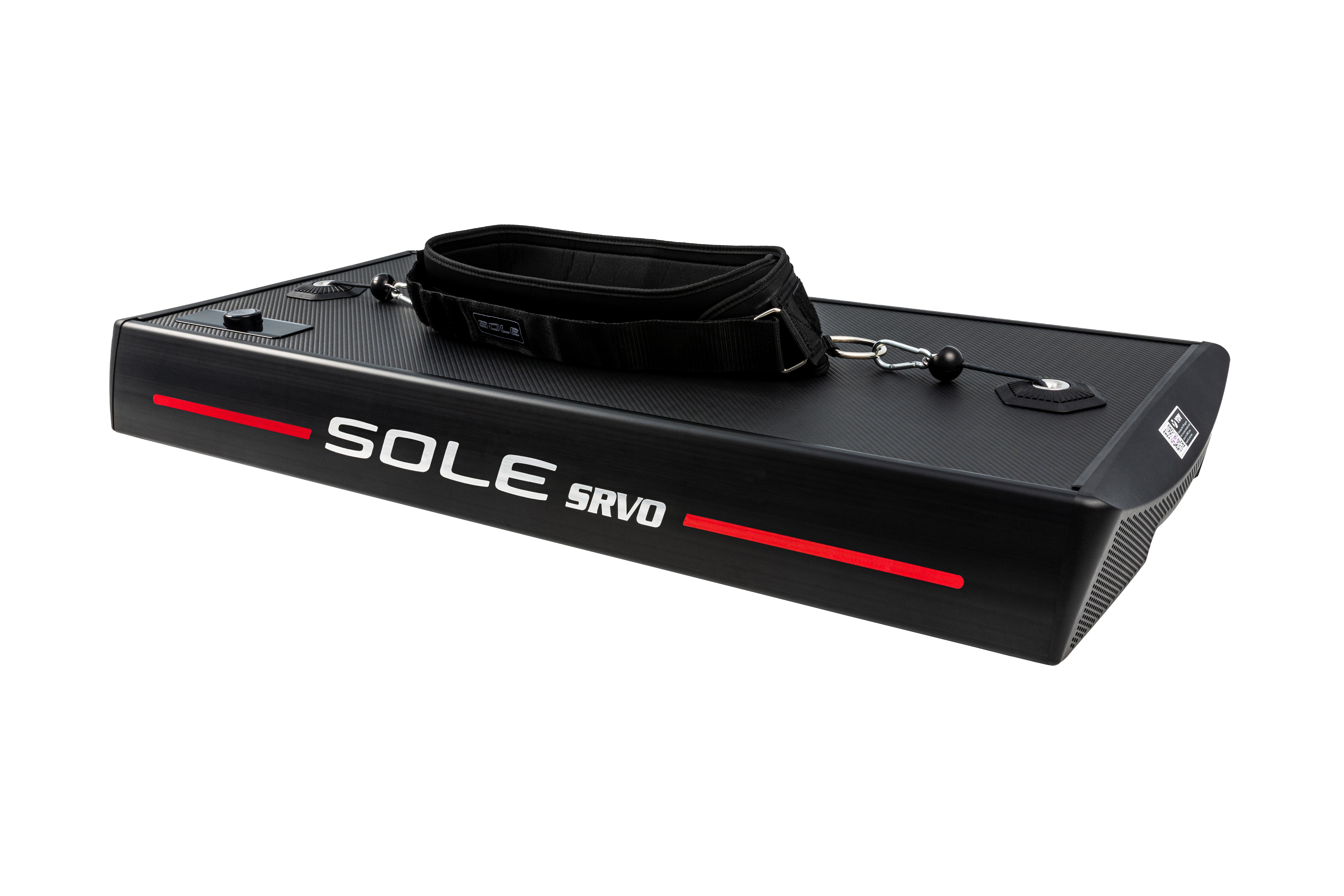 Side view of the Sole SRVO device displaying its black design, "SOLE SRVO" logo with a red stripe, and an extended retractable handle on top along with the belt attachment.