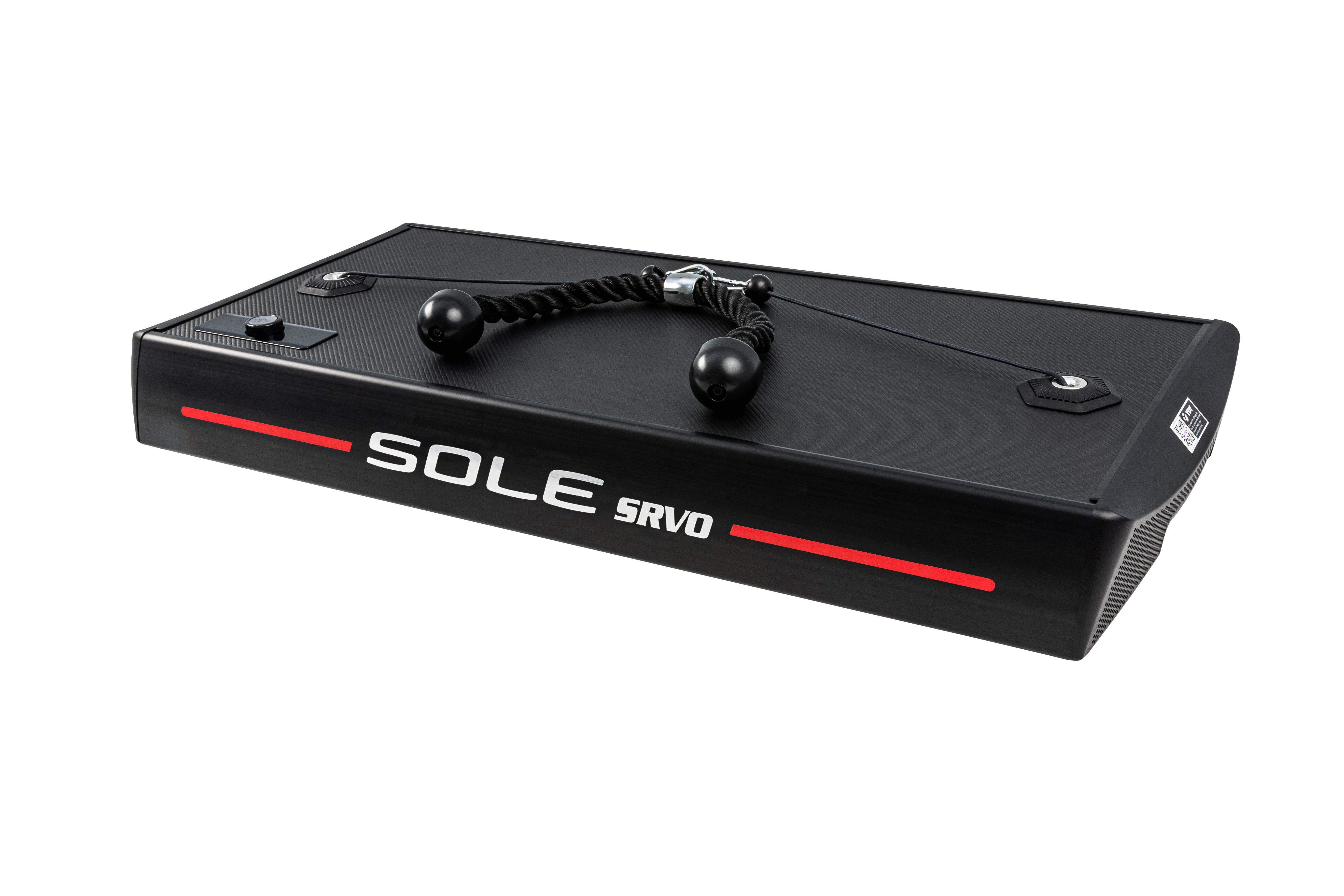 Side view of the Sole SRVO device displaying its black design, "SOLE SRVO" logo with a red stripe, and an extended retractable handle on top along with the rope attachment.