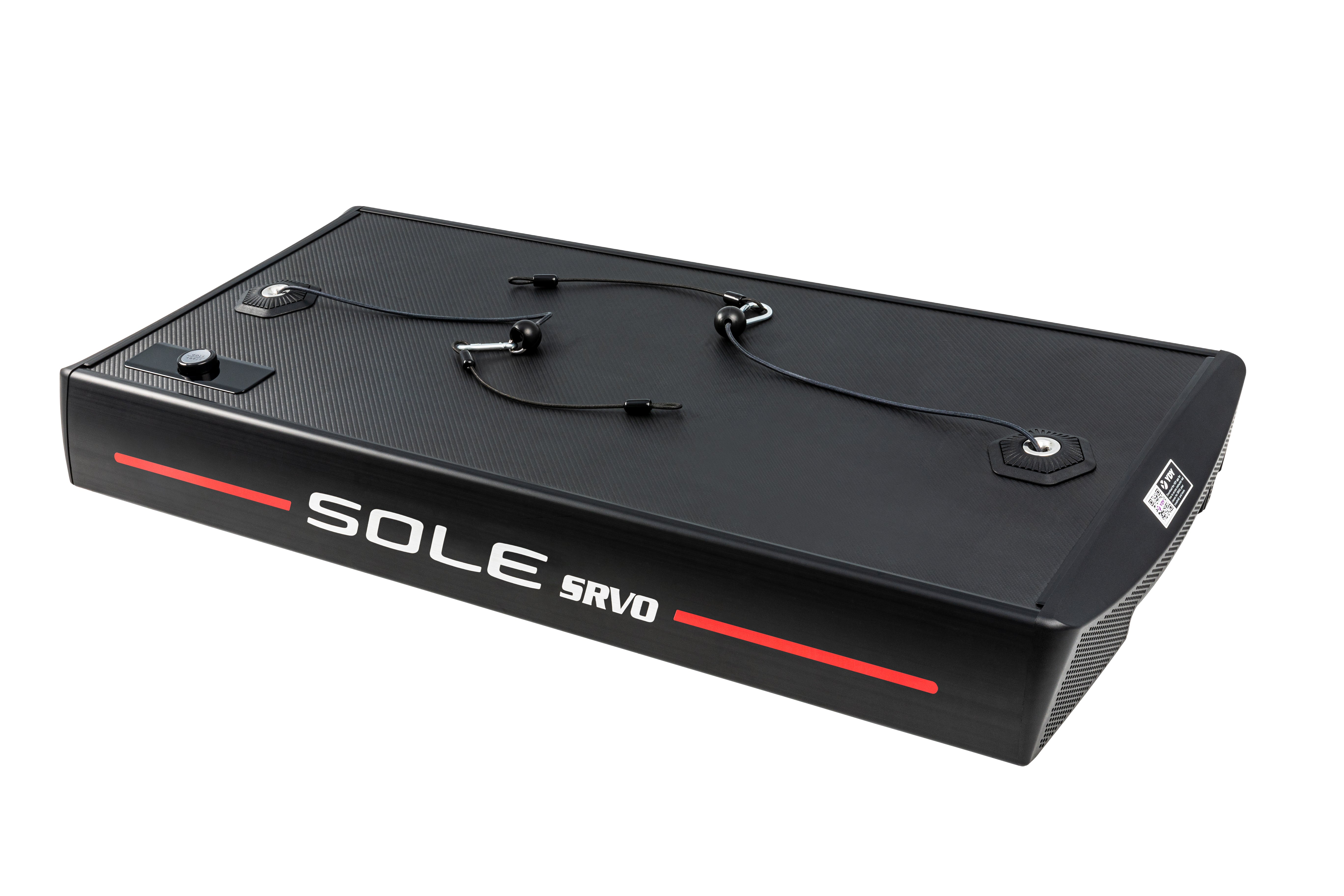 Side view of the Sole SRVO device displaying its black design, "SOLE SRVO" logo with a red stripe, and an extended retractable handle on top along with the cable extenders attached.
