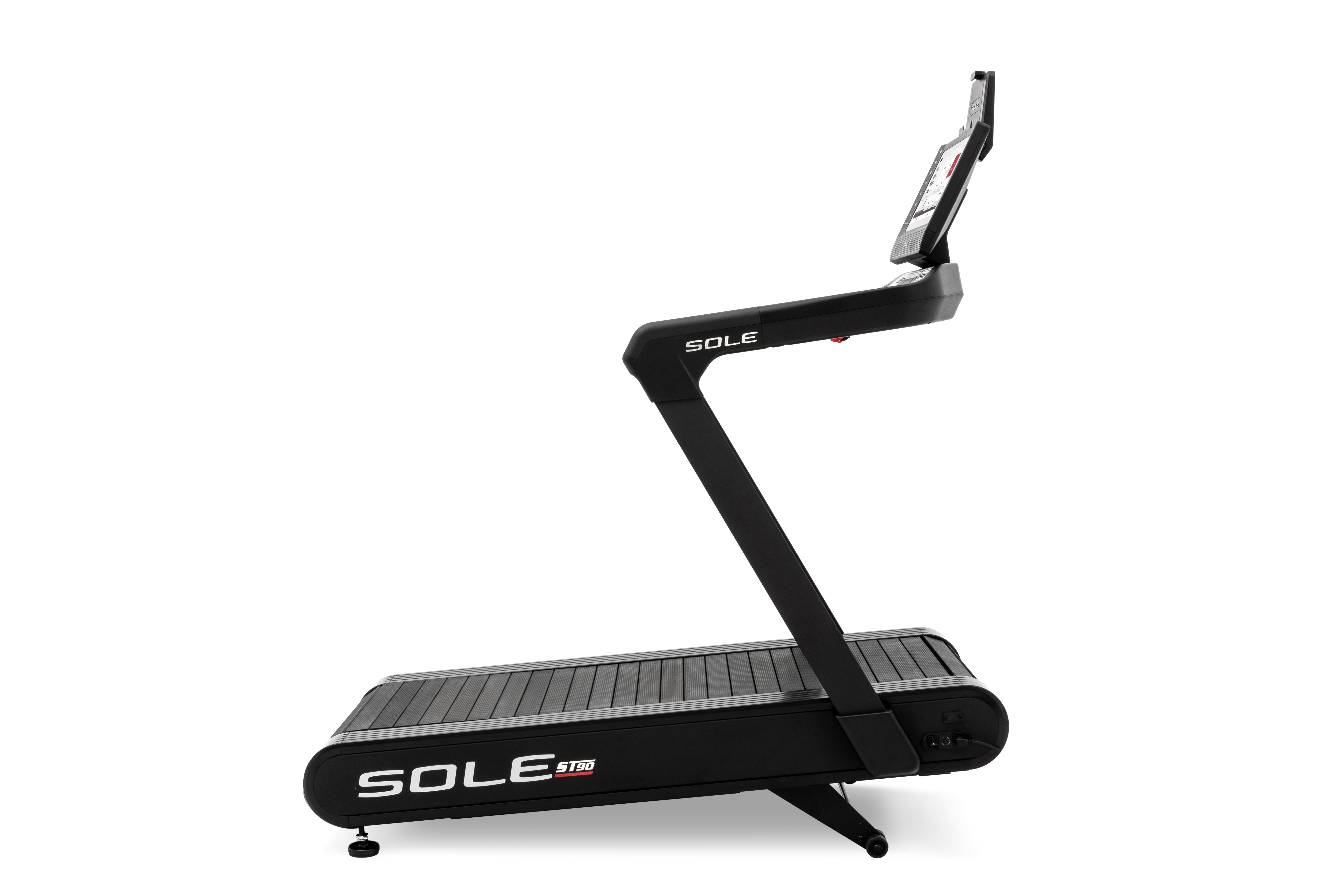 Angled view of the Sole ST90 treadmill showcasing its black frame, digital touchscreen console, branded running belt, and sturdy side arms, all against a white backdrop.