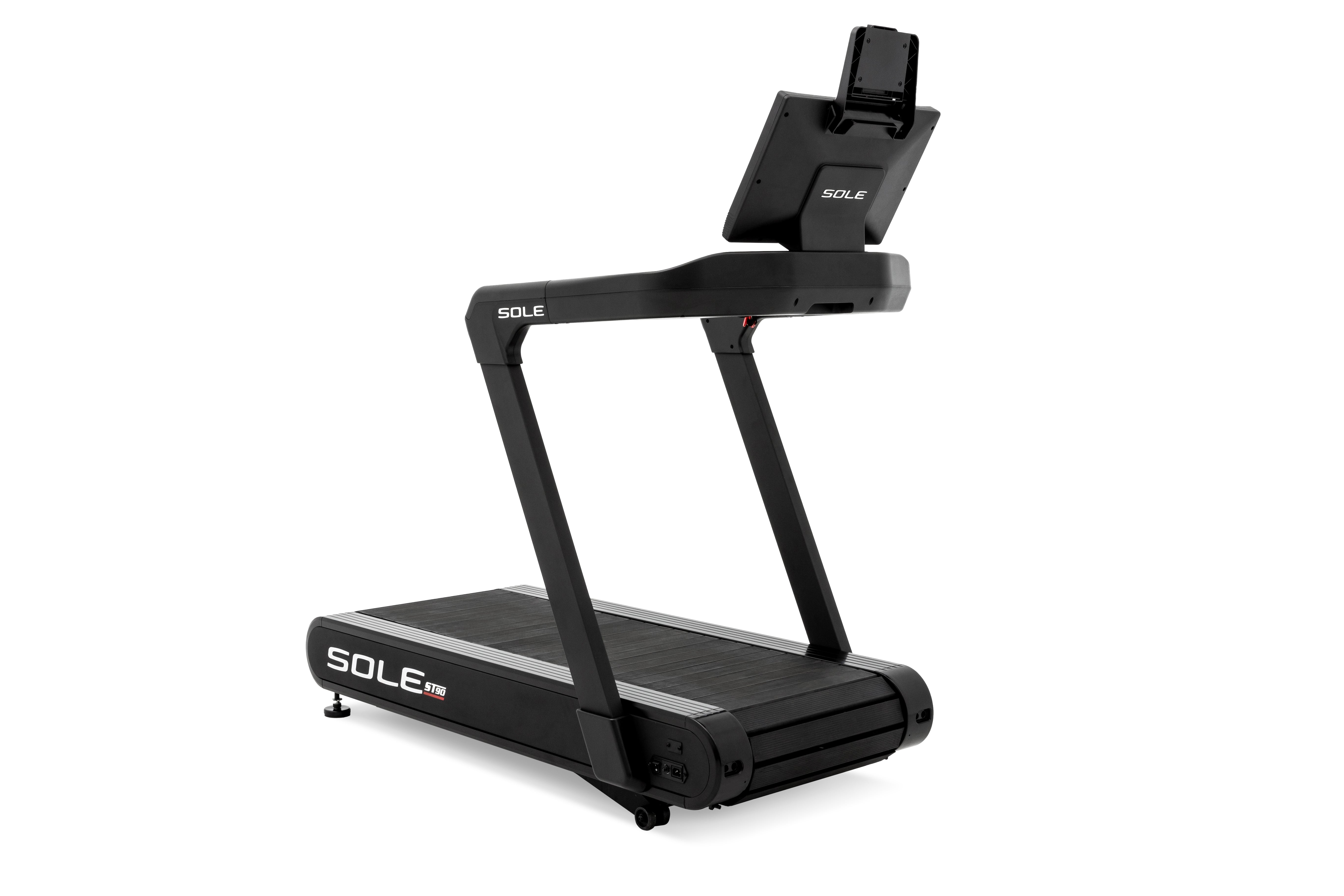 Front perspective of the Sole ST90 treadmill, featuring its black frame, prominent digital display console, branded running belt, and side arms, set against a white background.