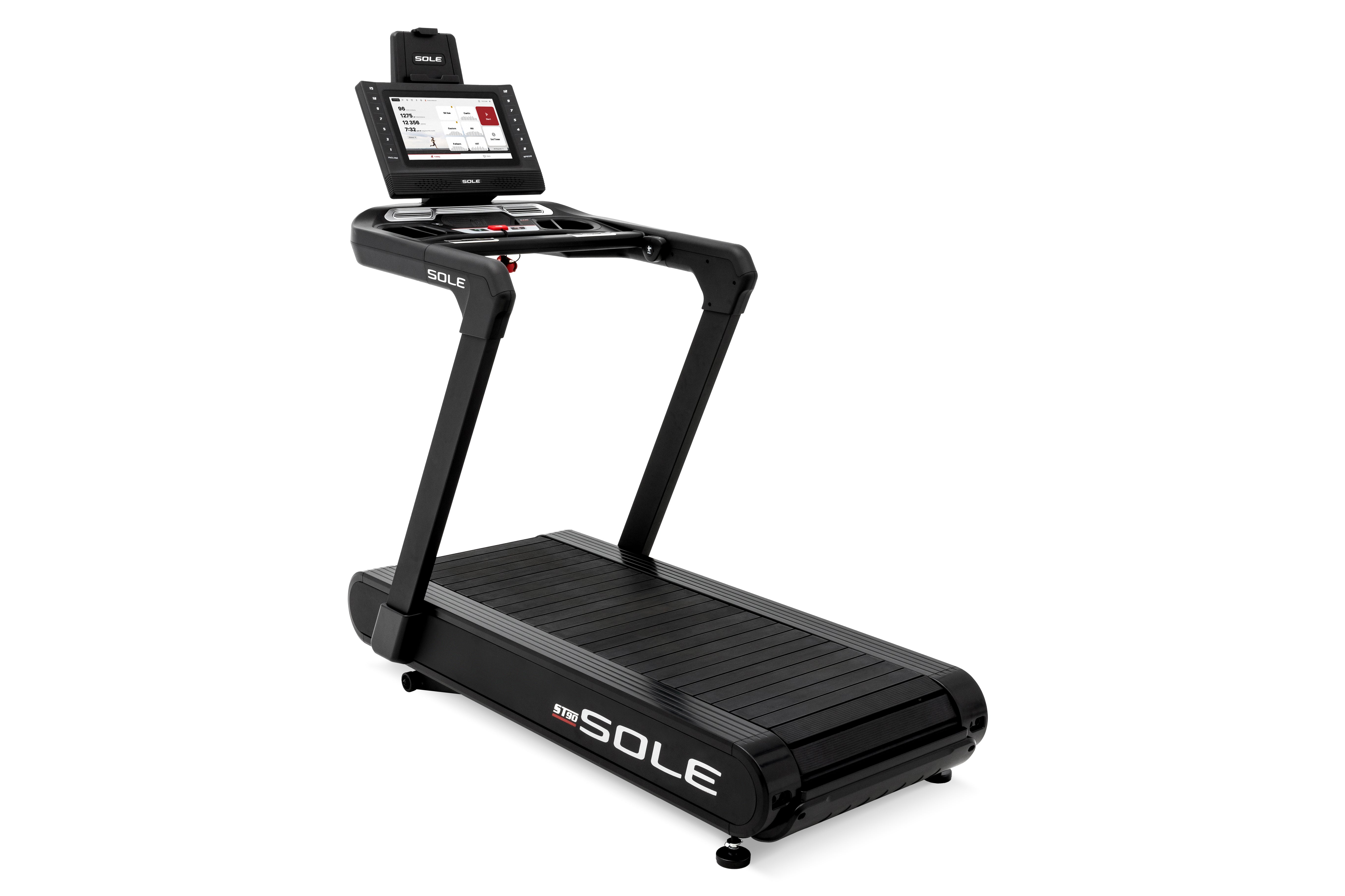 Side view of the Sole ST90 treadmill featuring a digital console with a touchscreen display, sturdy handlebars, and a black running belt with the Sole ST90 logo, set against a white background.