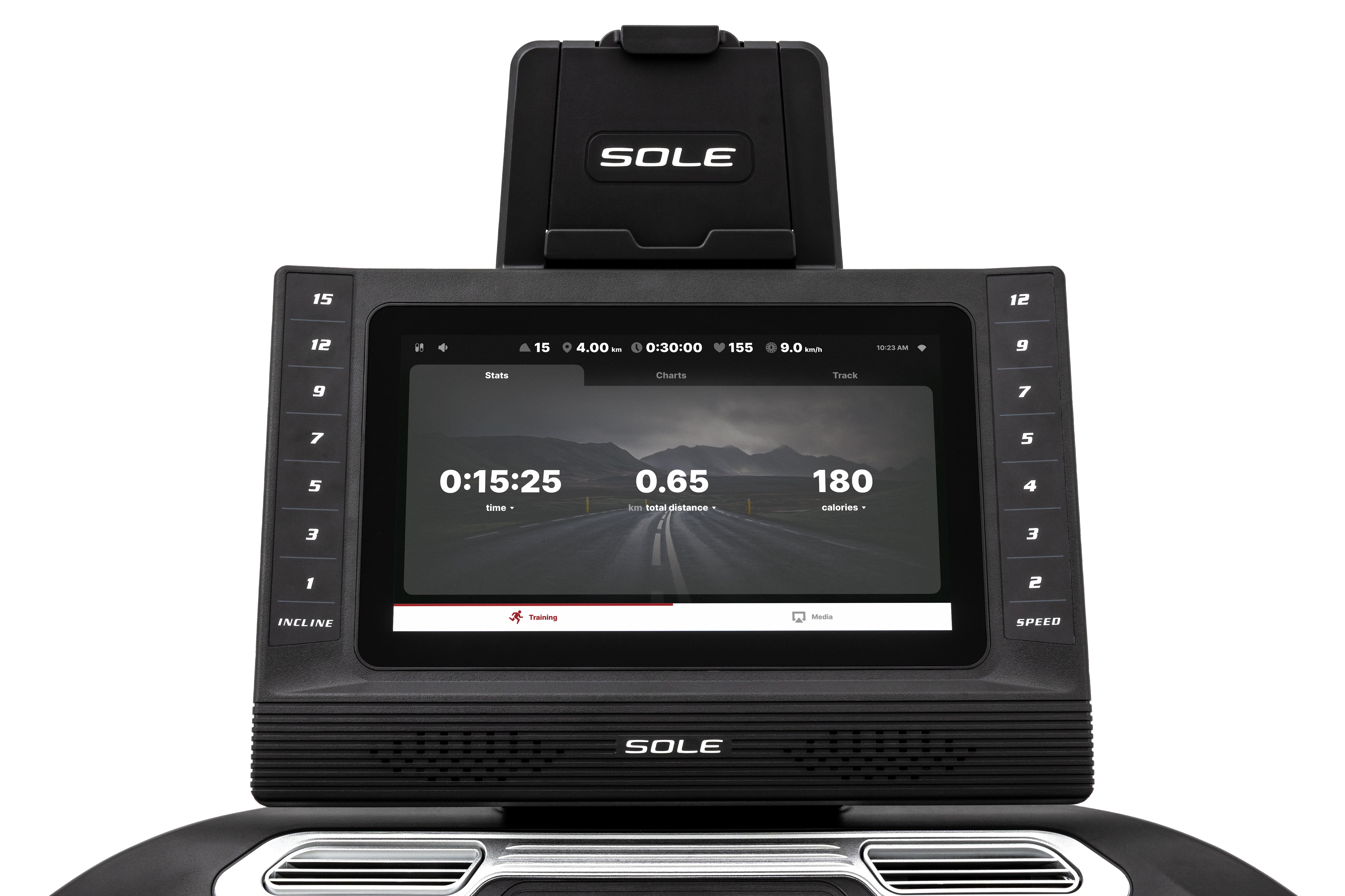 Detailed front view of the Sole ST90 treadmill's control panel, showing a digital screen with a virtual running track, workout stats, and the SOLE branding on the tablet holder and base, set against a white background.