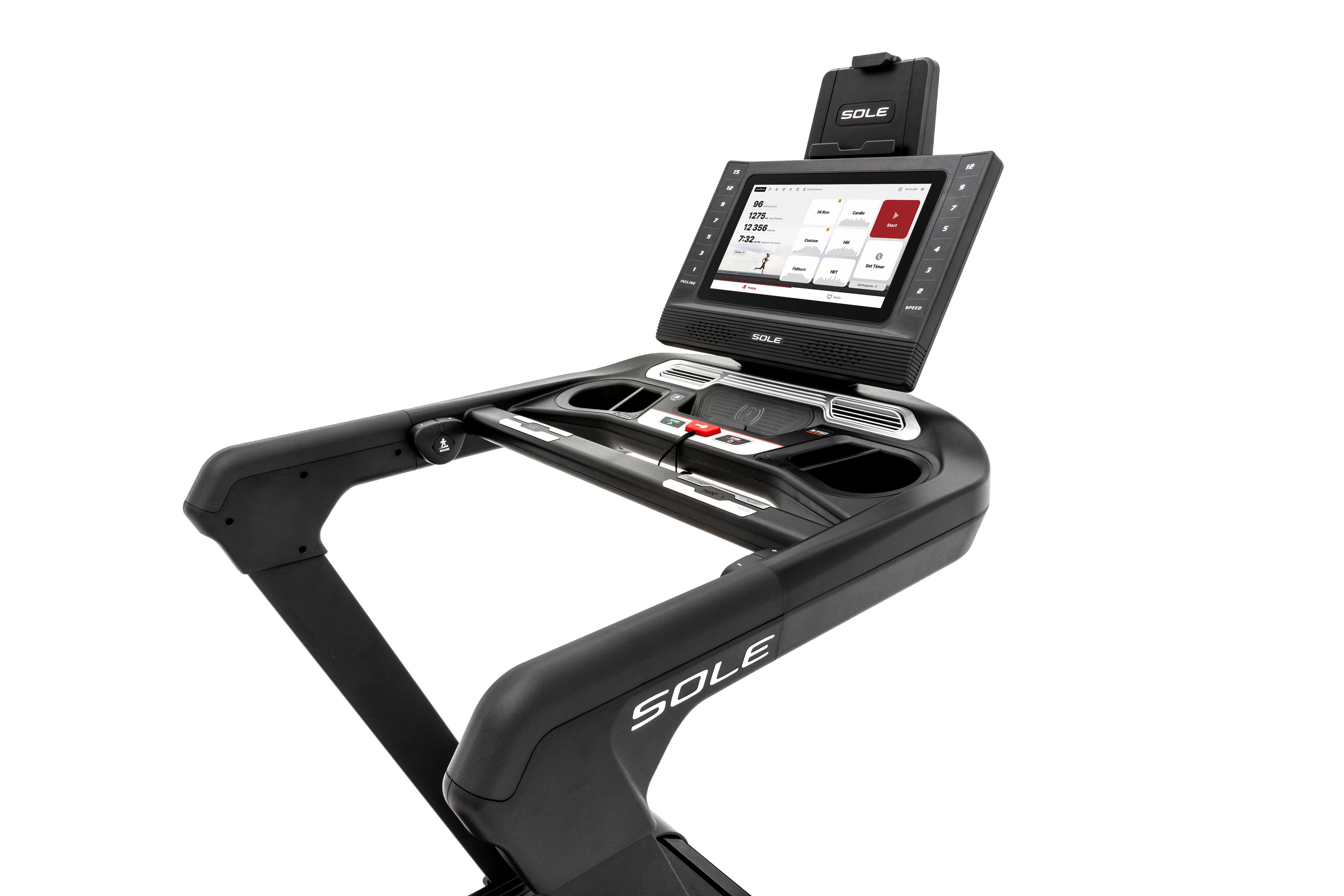 Close-up side view of the Sole ST90 treadmill's handlebar, control panel with cup holders, and digital display featuring workout metrics, all set against a white background.