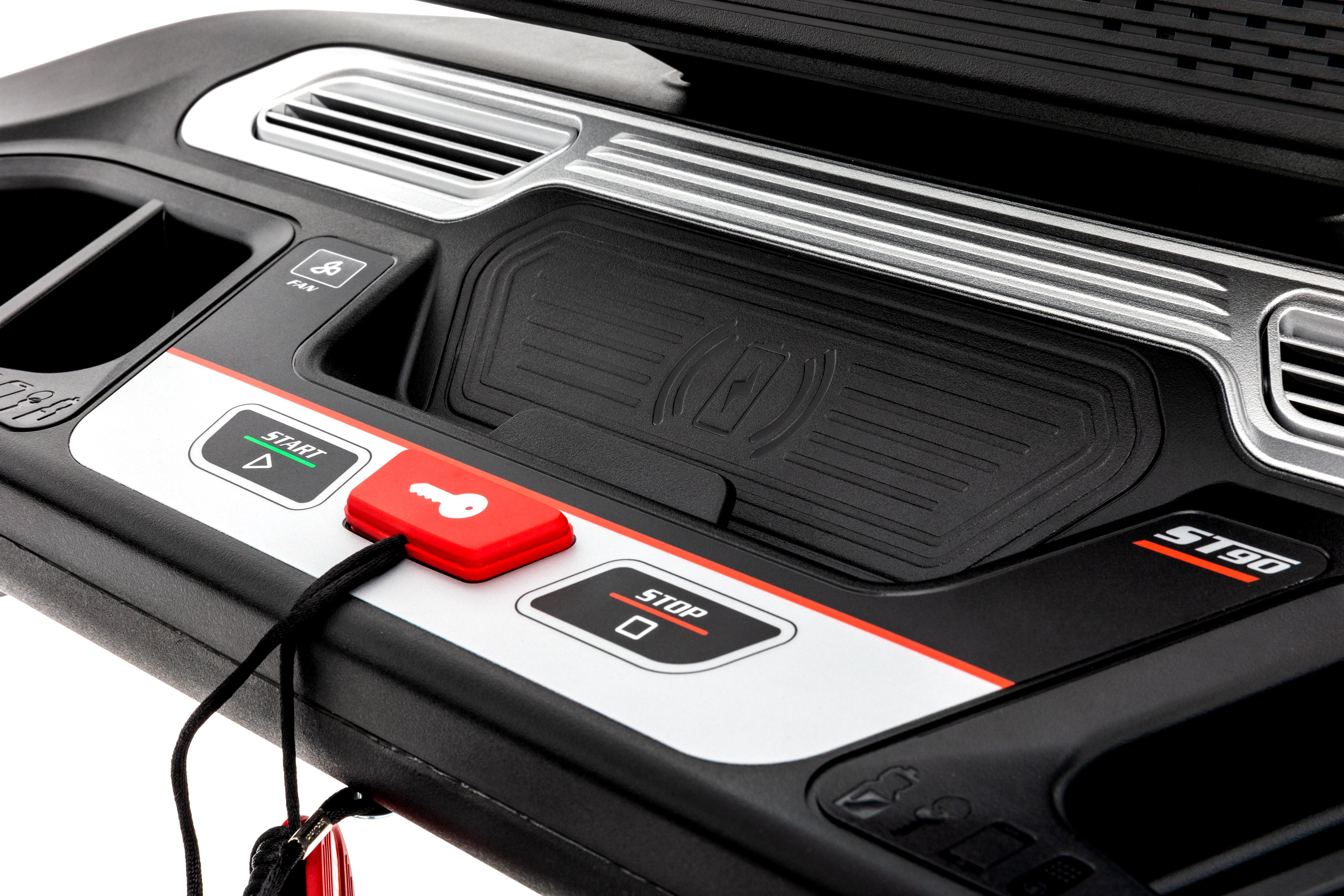 Frontal view of the Sole ST90 treadmill's control interface, highlighting the brand logo, speaker grills, start and stop buttons, and a safety key tether on its polished black and silver surface.