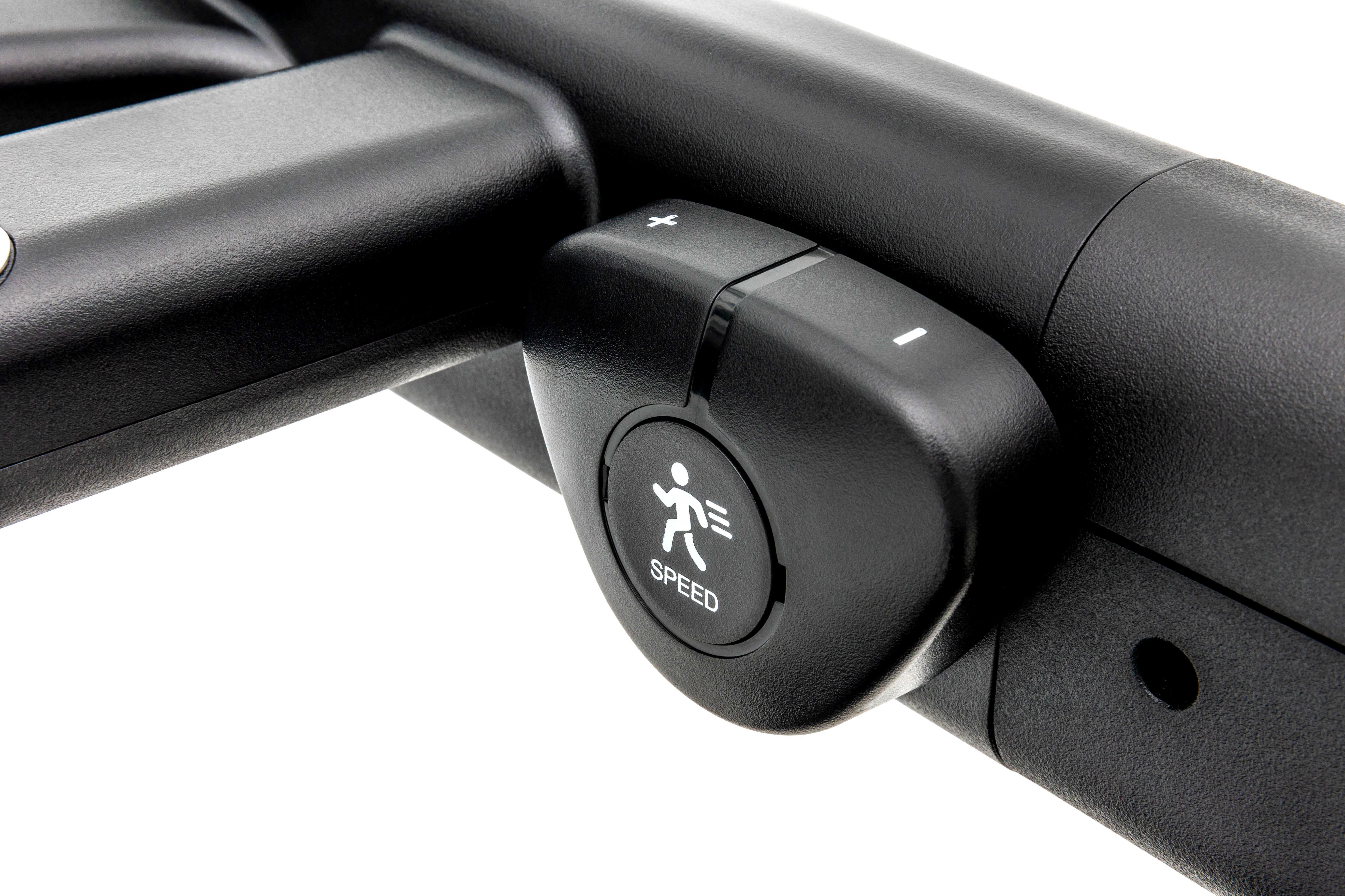Close-up of the Sole ST90 treadmill's handlebar showcasing the "SPEED" adjustment button with a runner icon and plus-minus controls.