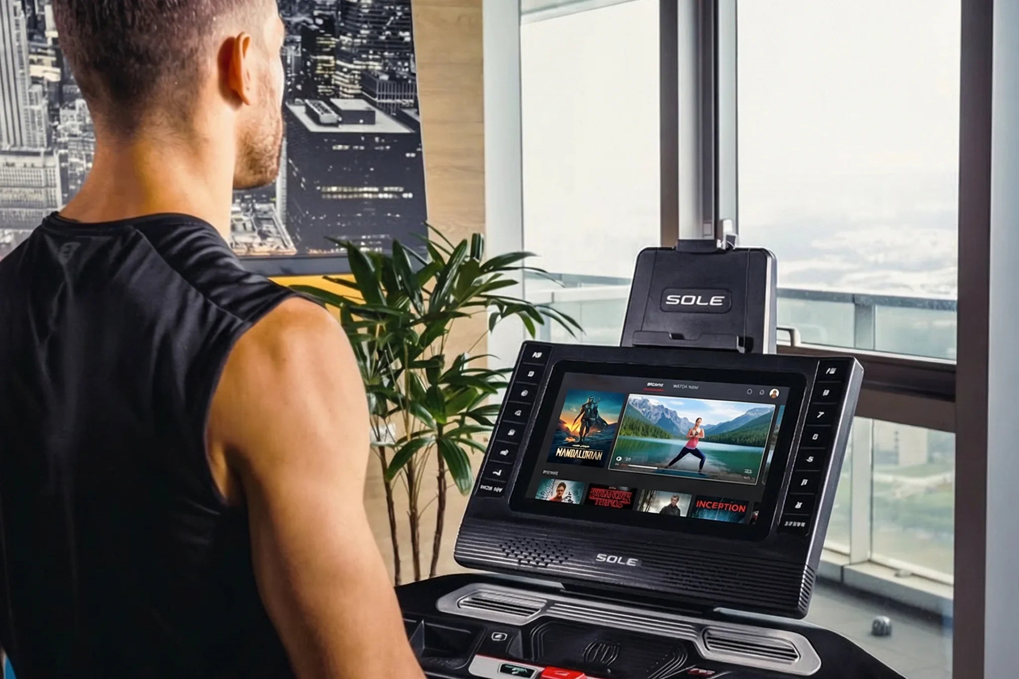 SOLE F85 15.6 inch HD touchscreen displaying streaming entertainment content