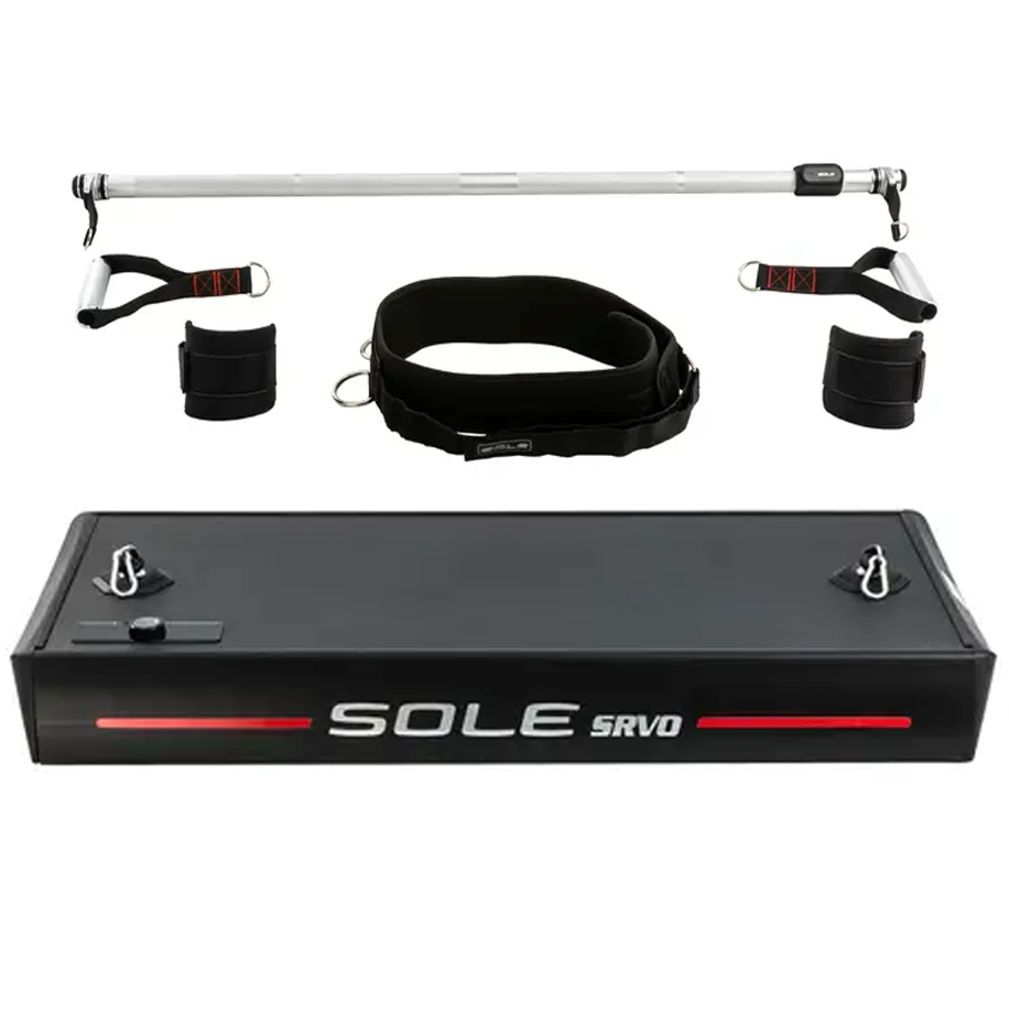 Close-up view of Sole SRVO fitness equipment, displaying a white resistance bar with black handles, a black resistance belt, two black cuffs, and a sleek black resistance platform labeled "SOLE SRVO" with red accents.