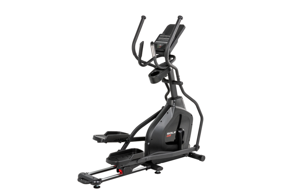 SOLE E20 elliptical, three-quarter studio view from the front left