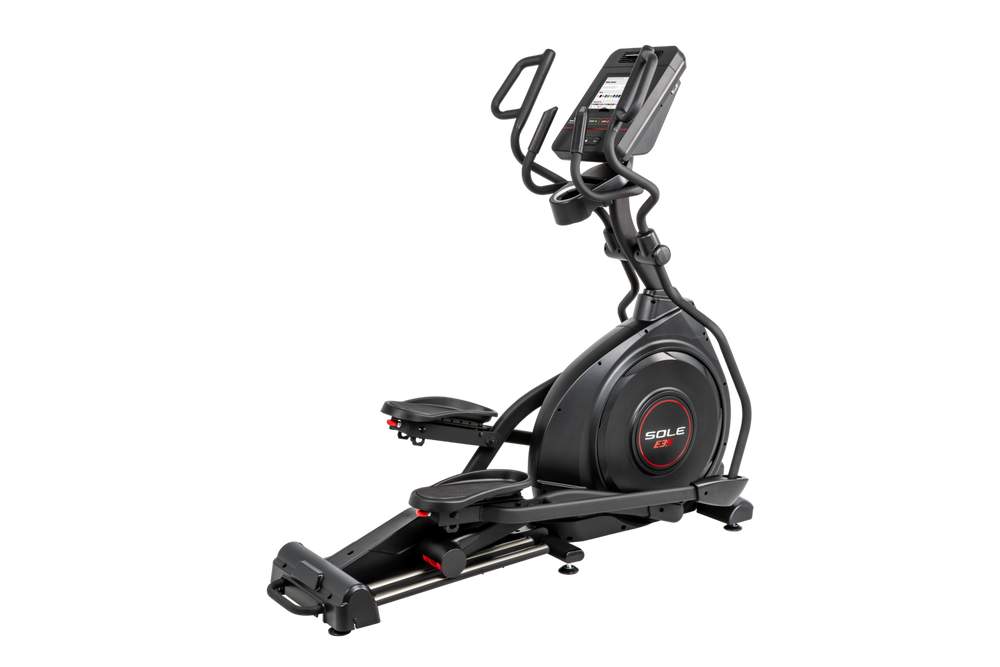 SOLE E35 elliptical, three-quarter studio view from the front left