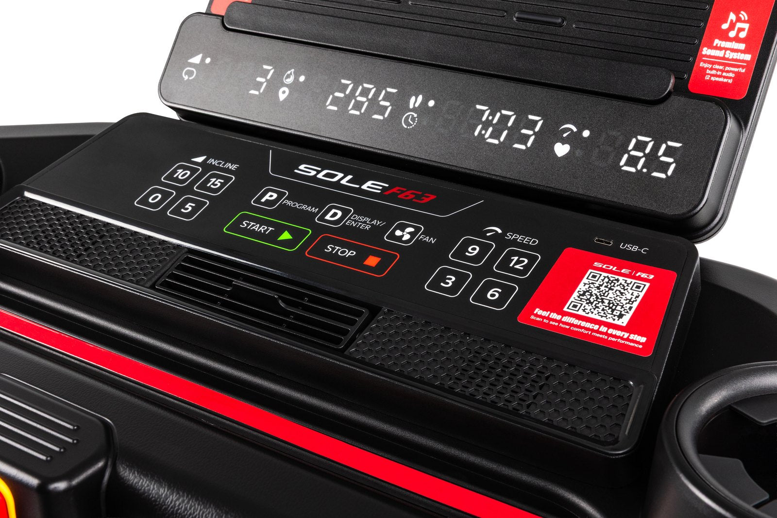 SOLE F63 white LED console showing workout metrics