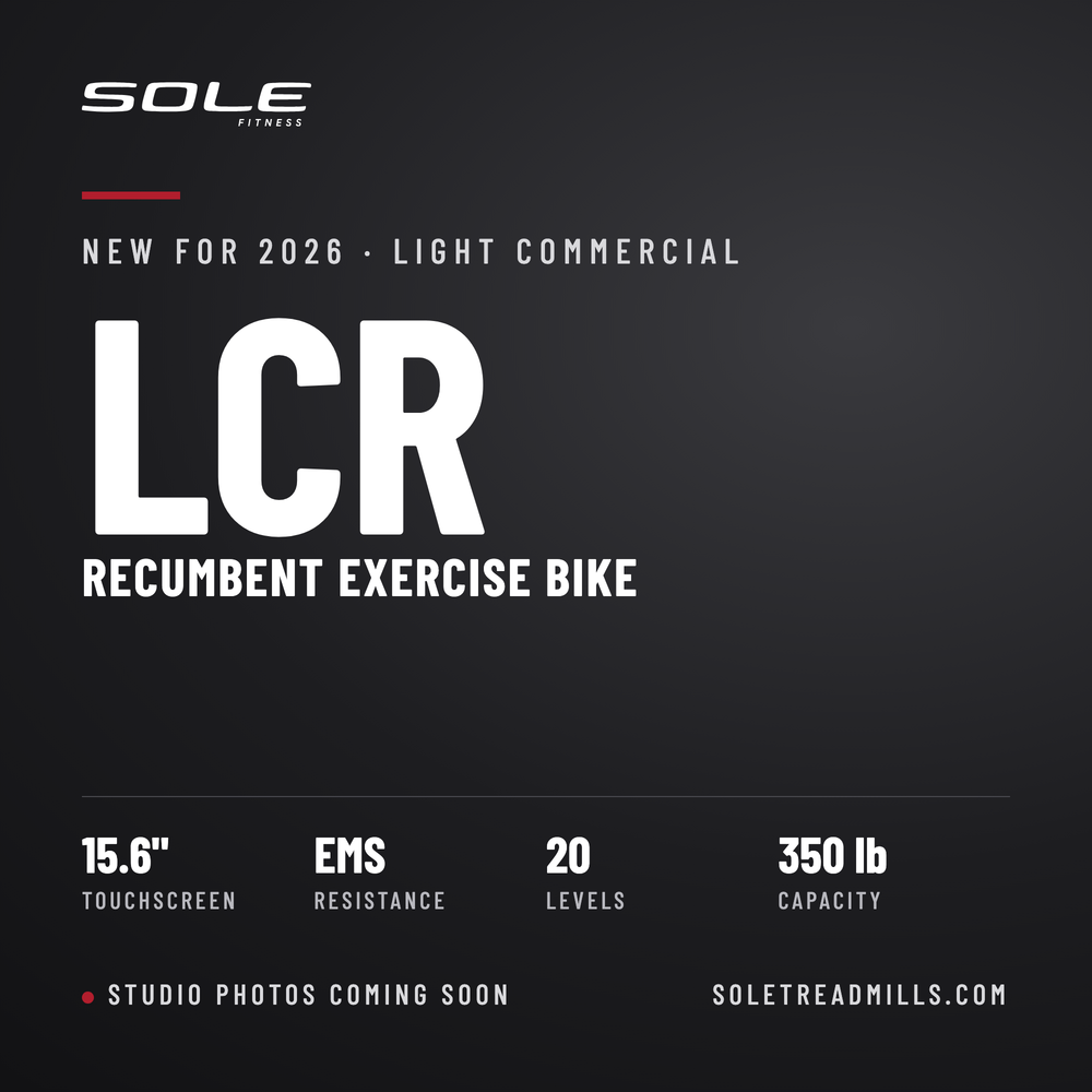 SOLE LCR 2026 recumbent exercise bike: 15.6 inch touchscreen, EMS resistance, 20 levels, 350 lb capacity. Studio photos coming soon