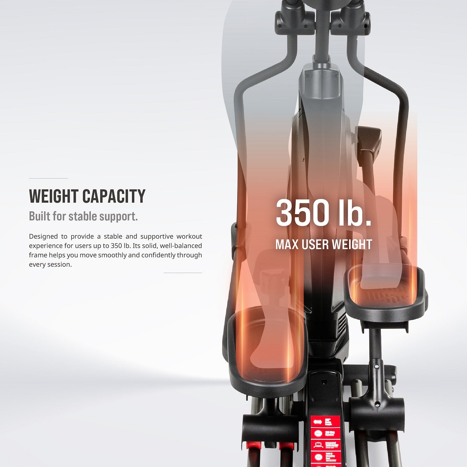 350 lb maximum user weight — a solid, well-balanced frame built for stable, supportive workouts.