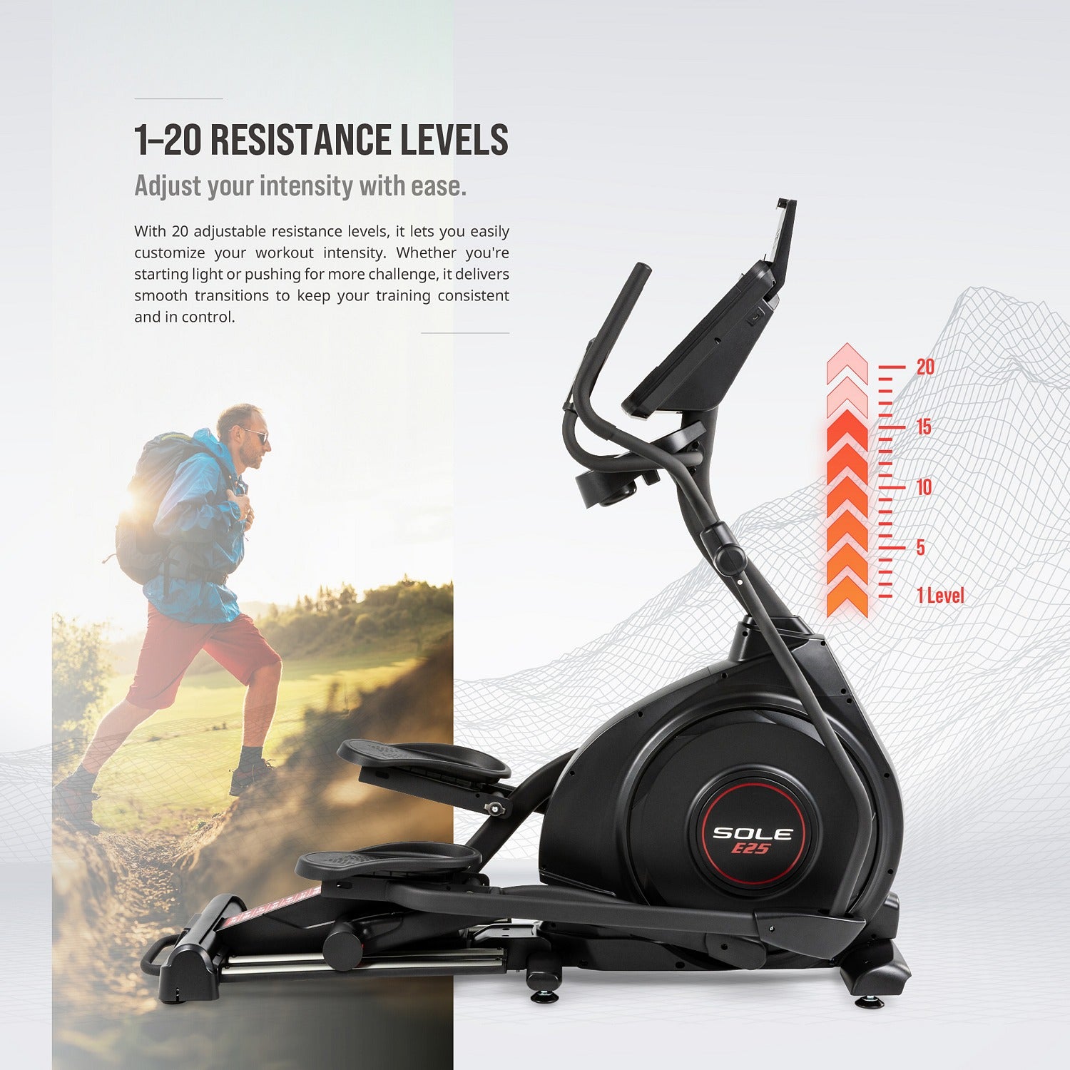 1 to 20 resistance levels — easily customize workout intensity with smooth transitions.