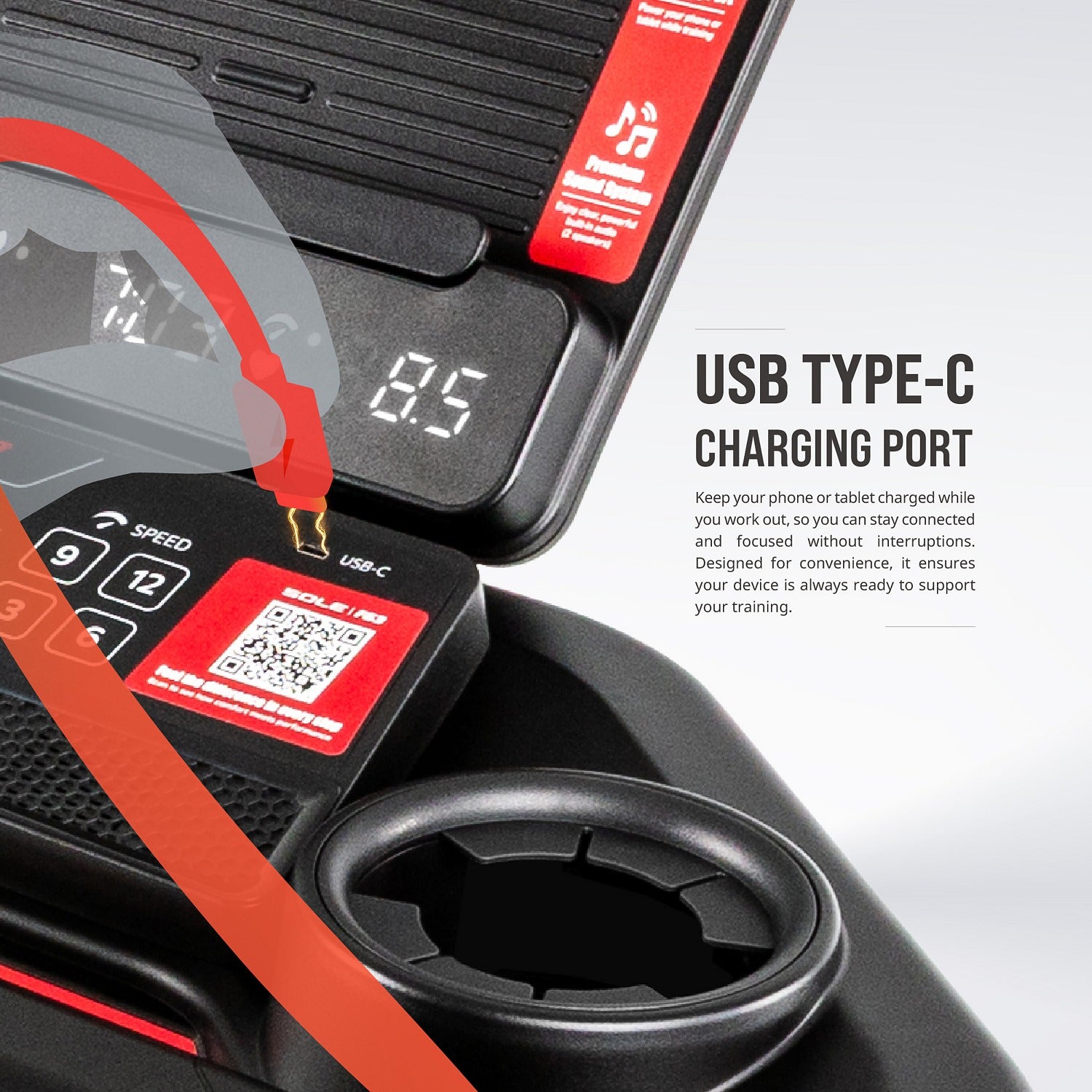 USB Type-C charging port keeps your phone or tablet charged while you train.