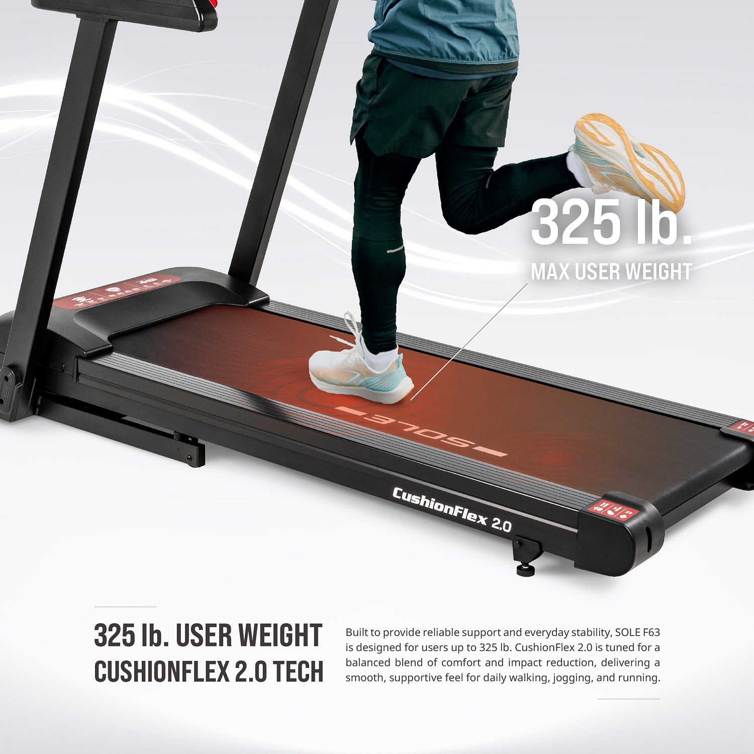325 lb maximum user weight with CushionFlex 2.0 deck — reliable support tuned for a balance of comfort and impact reduction.