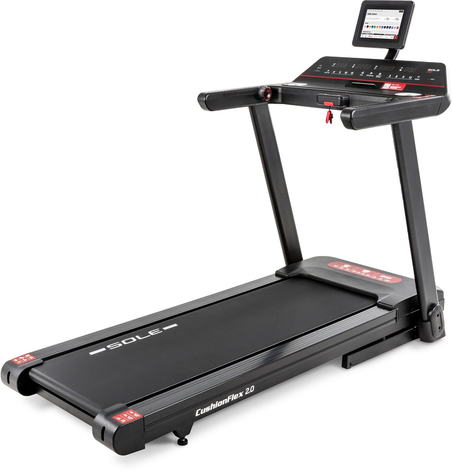 SOLE F80 treadmill, three-quarter studio view