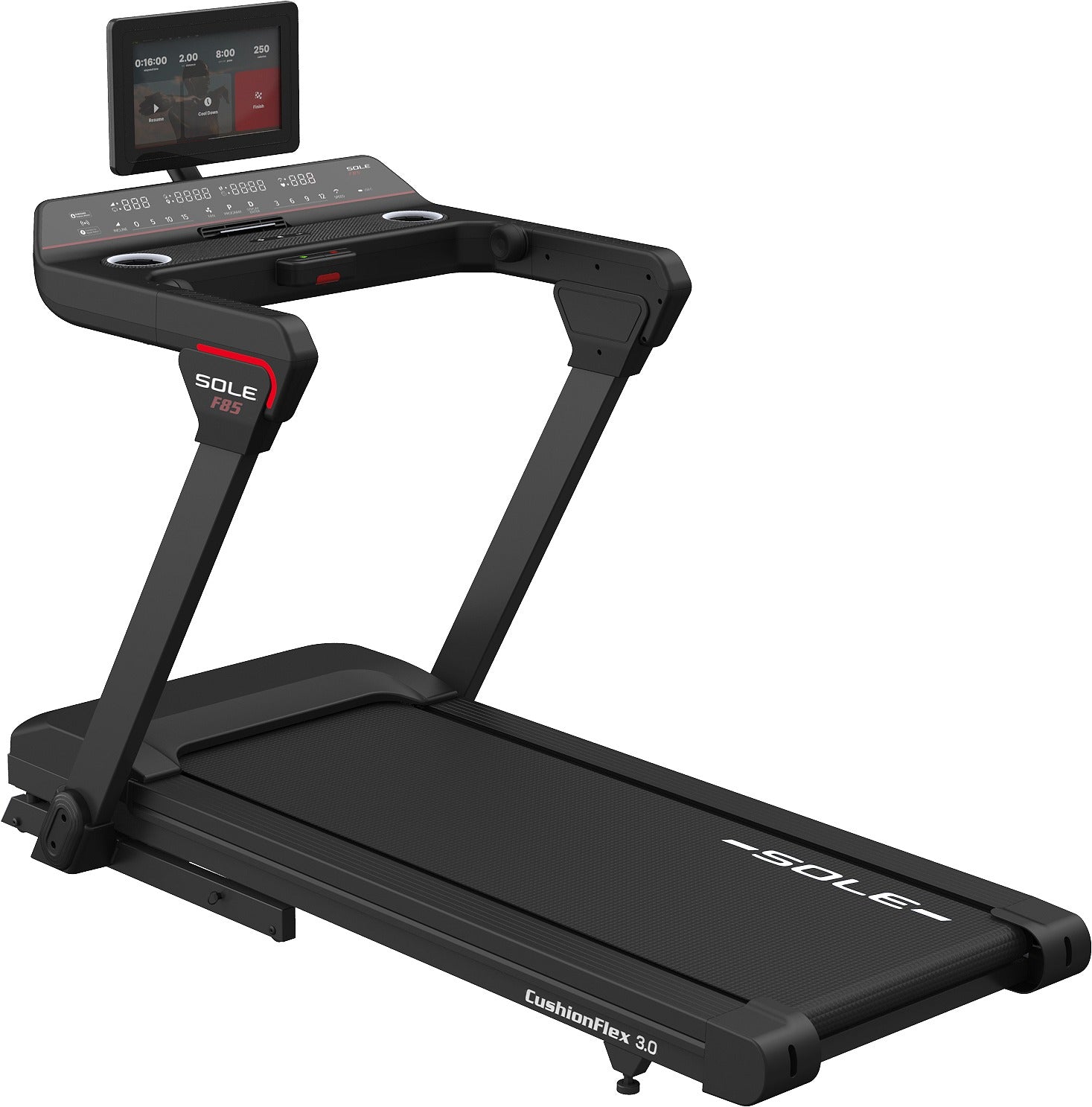 SOLE F85 treadmill, three-quarter studio view
