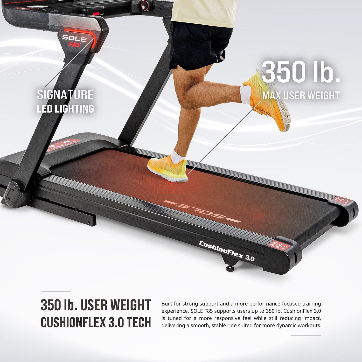 350 lb maximum user weight with CushionFlex 3.0 deck and signature LED lighting — strong support tuned for a responsive feel that still reduces impact.
