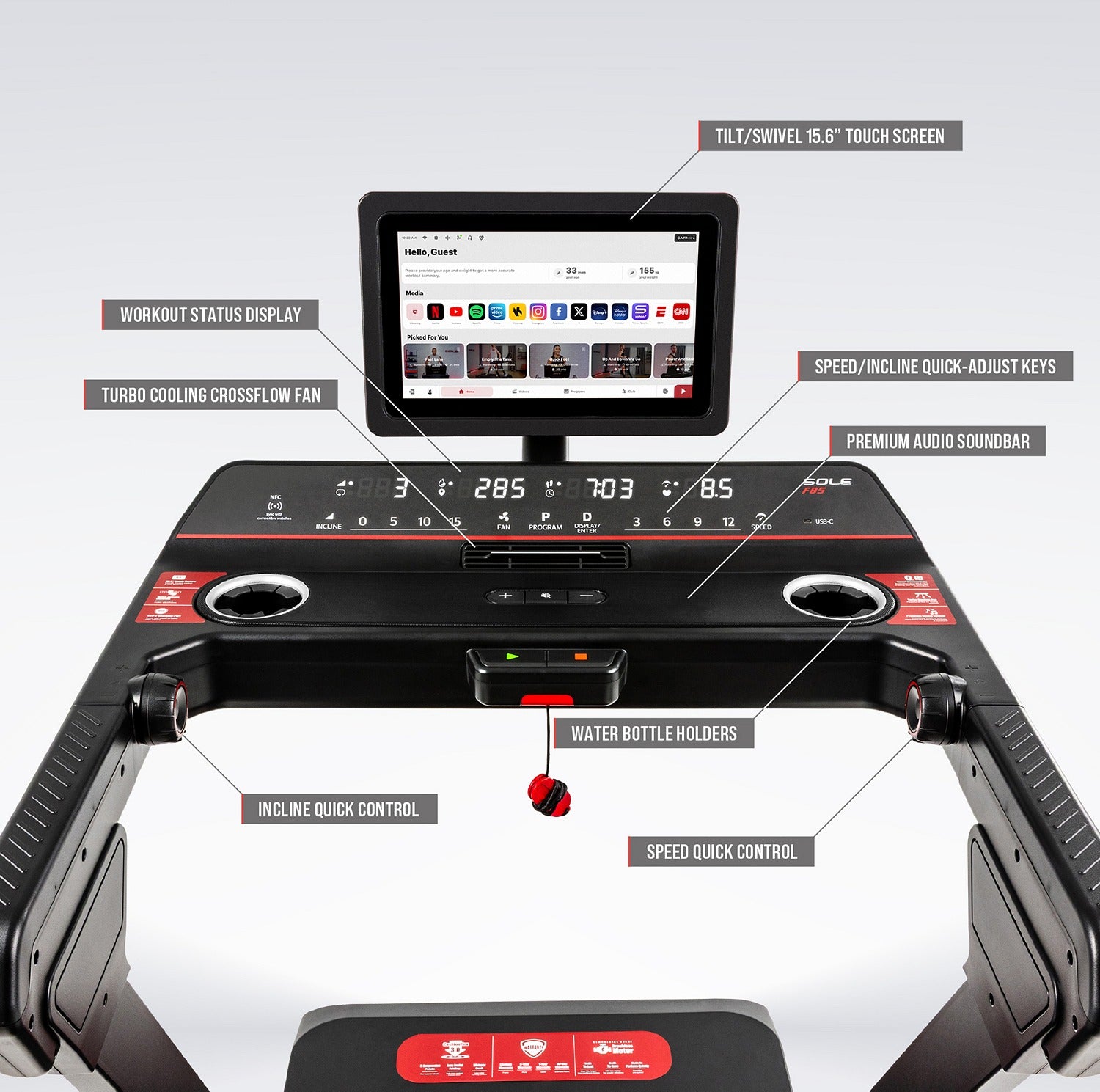 Console feature overview — tilt and swivel 15.6-inch touchscreen, workout status display, turbo cooling crossflow fan, speed and incline quick-adjust keys, premium audio soundbar, and water bottle holders.