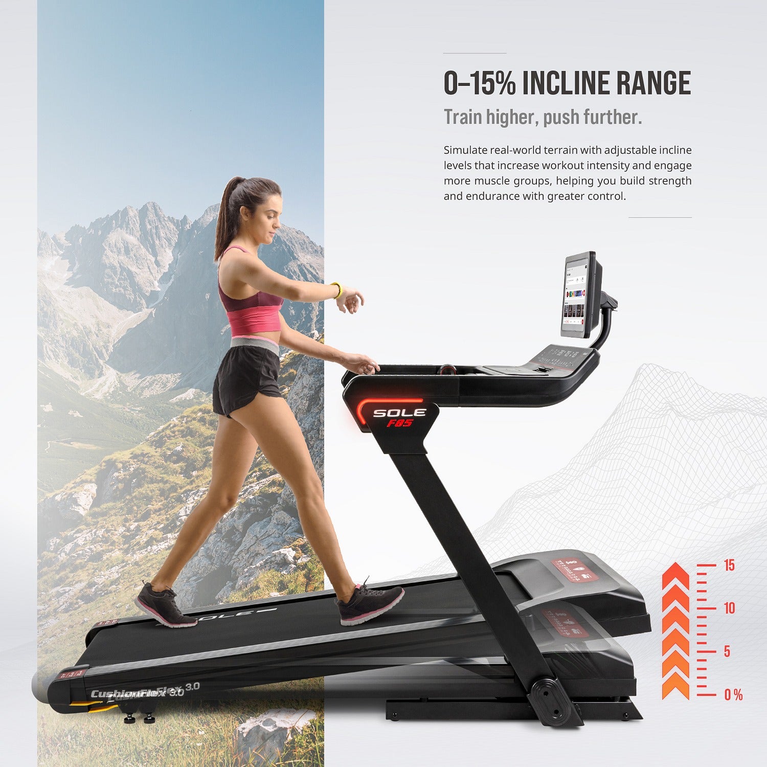 0 to 15 percent incline range — simulate real-world terrain to increase intensity and build strength and endurance.