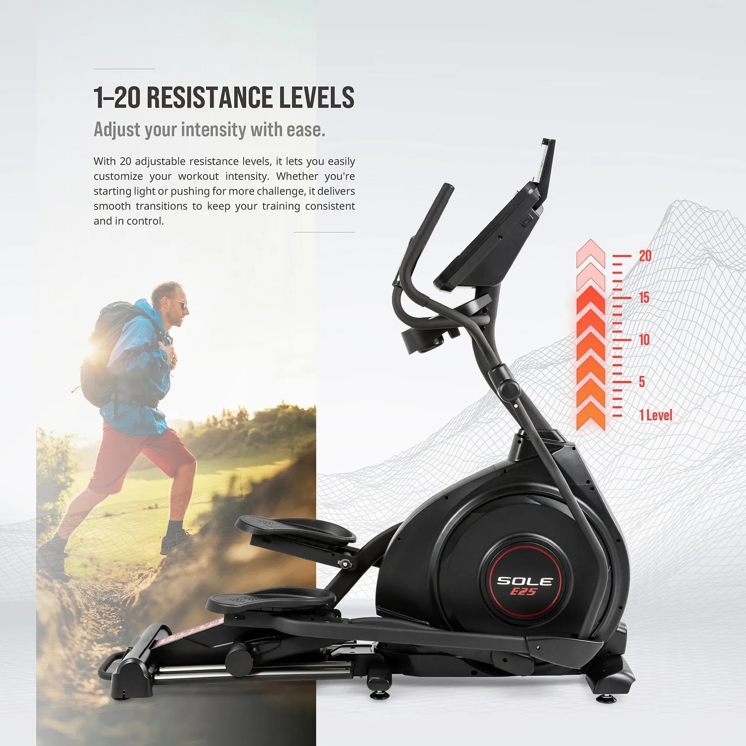 1 to 20 resistance levels — easily customize workout intensity with smooth transitions.