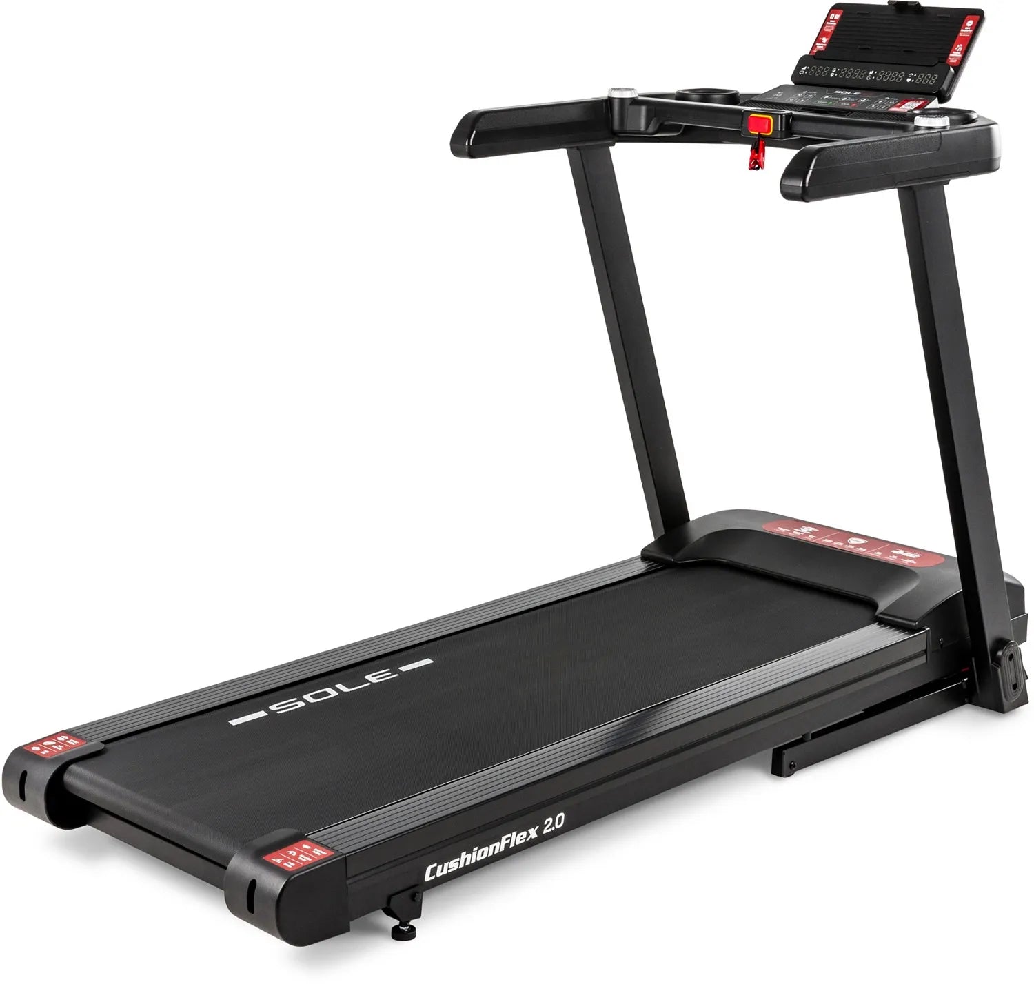 SOLE F63 treadmill, three-quarter studio view showing the CushionFlex 2.0 deck and console