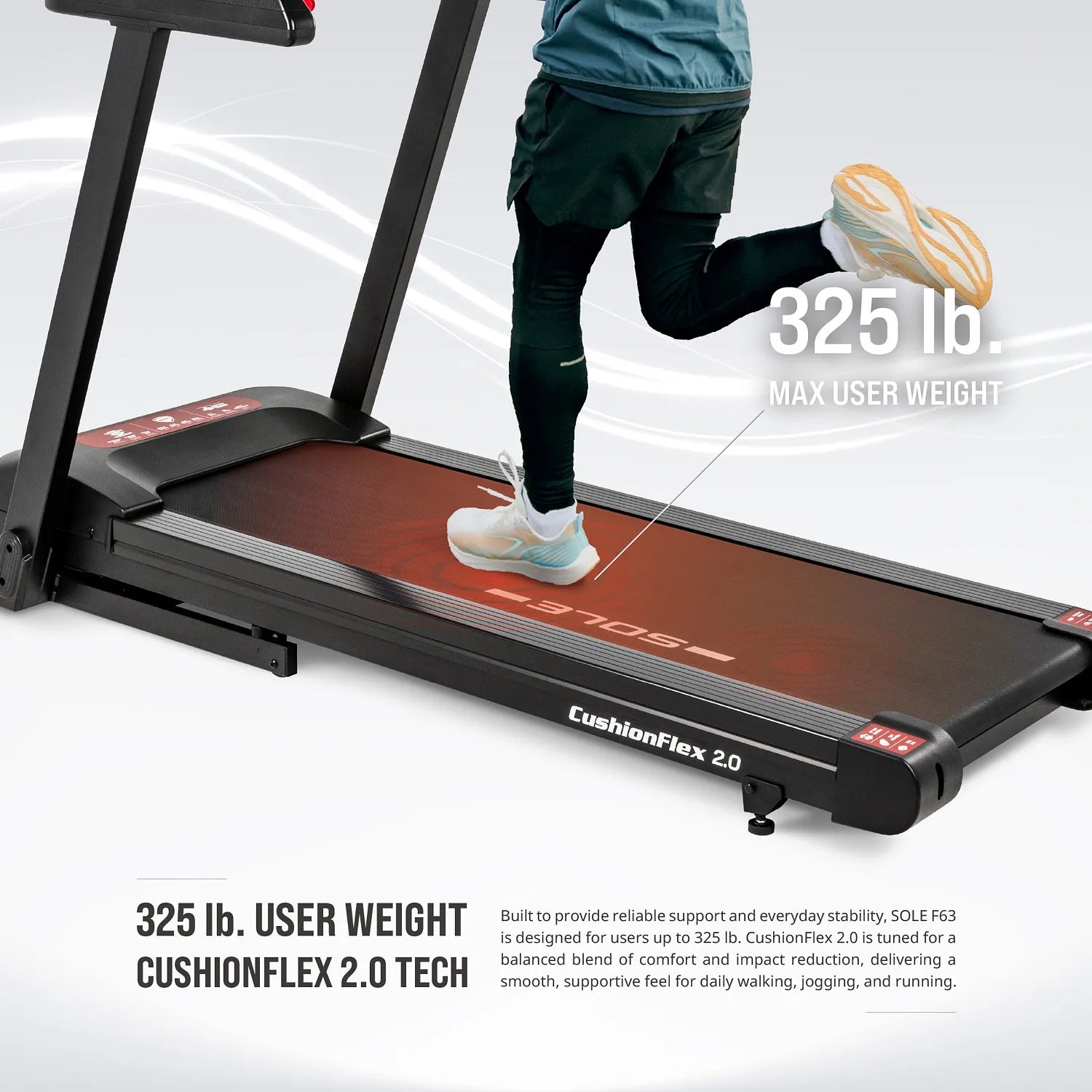 325 lb maximum user weight with CushionFlex 2.0 deck — reliable support tuned for a balance of comfort and impact reduction.