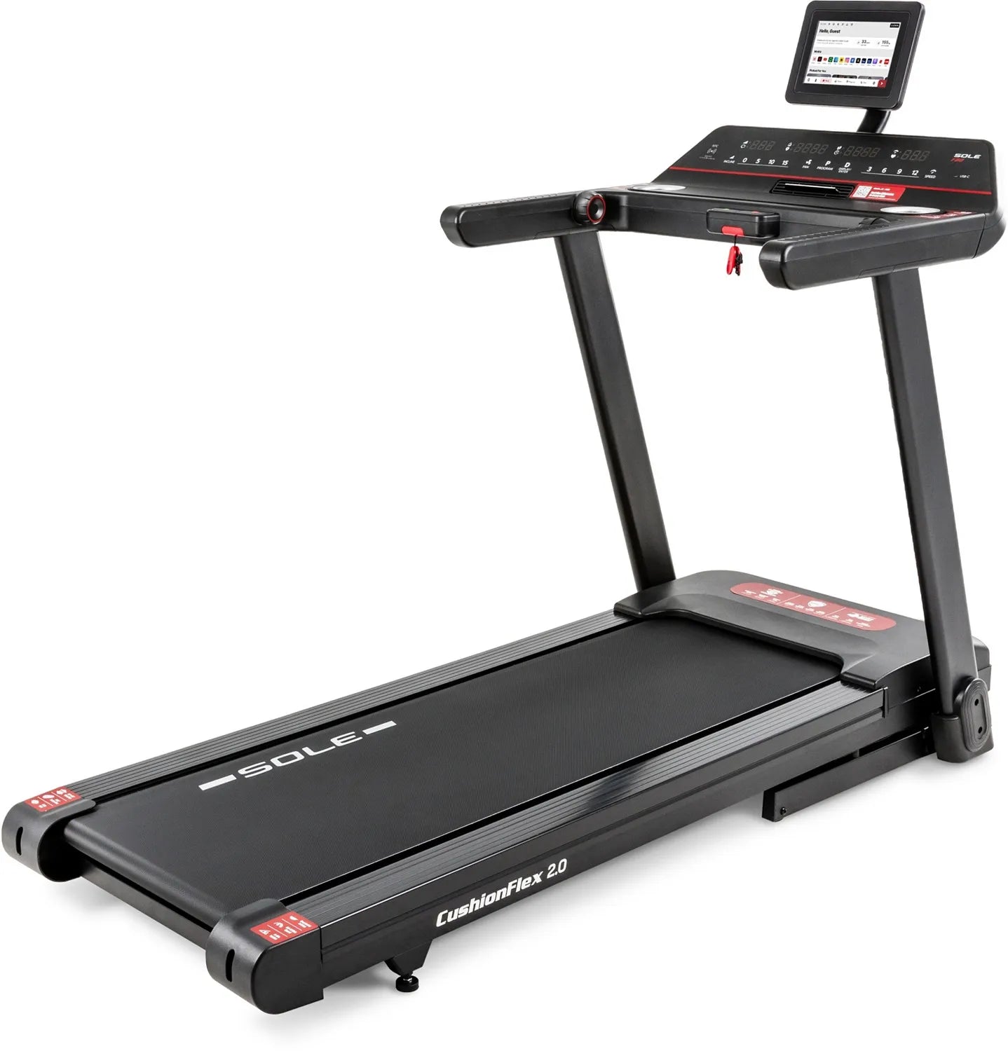 SOLE F80 treadmill, three-quarter studio view