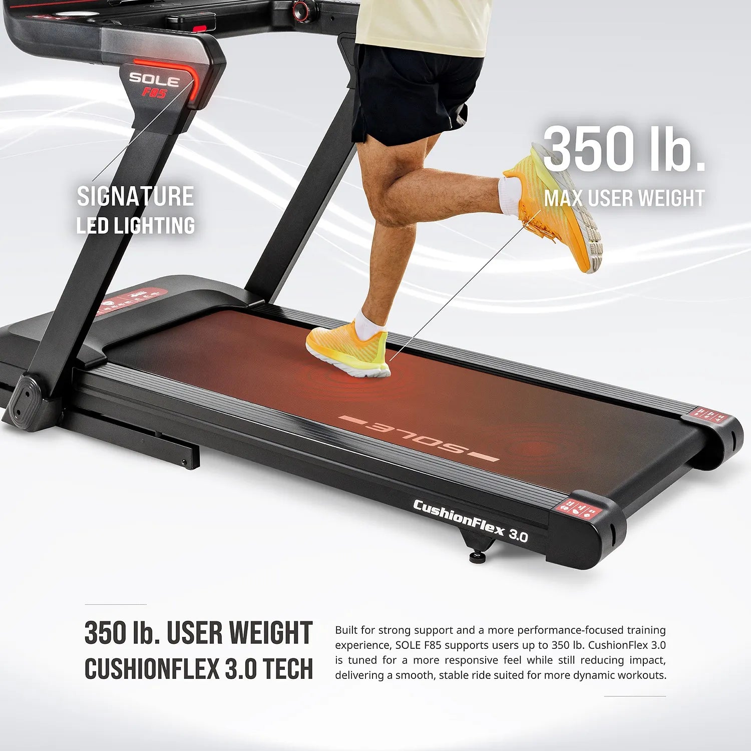 350 lb maximum user weight with CushionFlex 3.0 deck and signature LED lighting — strong support tuned for a responsive feel that still reduces impact.